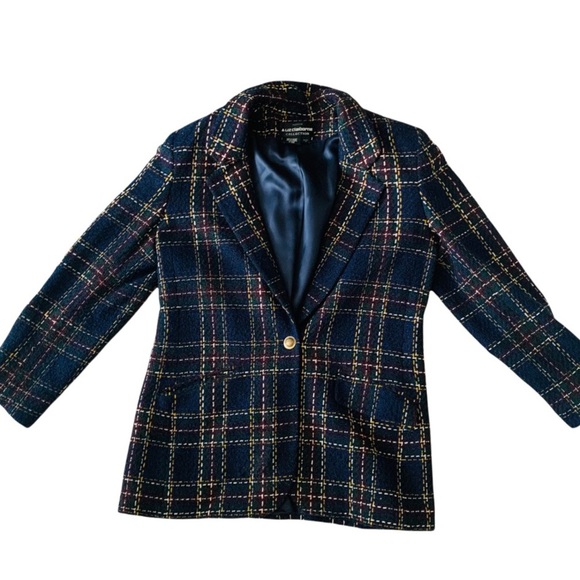 Vintage Liz Clairborne Wool Blazer Navy Blue Preppy 10P tartan plaid - Picture 1 of 5